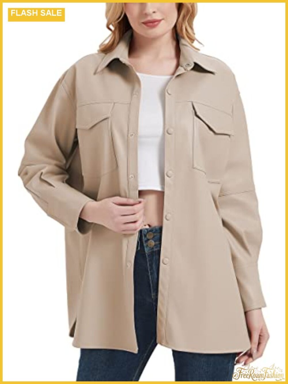 Faux Leather Shacket Button Down Relaxed Fit Long Sleeve Women's